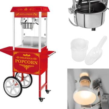Royal Catering Profesionalni, zmogljiv mobilni aparat za pripravo popkorna na vozičku, 230 V, 1,5 kW, rdeč