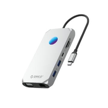 Orico HUB 12 v 1 USB-C – USB-A, USB-C, HDMI, VGA, microSD/SD, RJ45, avdio 3,5 mm, PD 100 W, 4K, RGB – srebrna