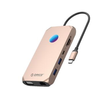 Orico HUB 12 v 1 USB-C – USB-A, USB-C, HDMI, VGA, microSD/SD, RJ45, avdio 3,5 mm, PD 100 W, 4K, RGB – roza-zlata