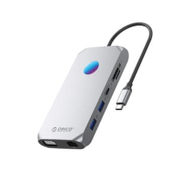 Orico HUB 12 v 1 USB-C – USB-A, USB-C, HDMI, VGA, microSD/SD, RJ45, avdio 3,5 mm, PD 100 W, 4K, RGB – siv