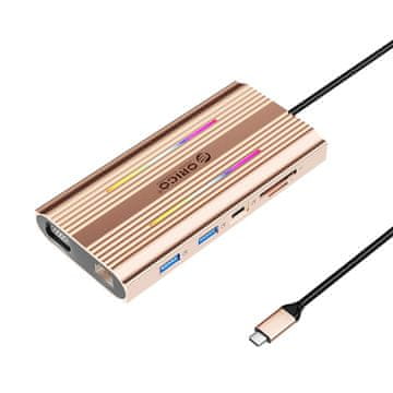 Orico Priključna postaja HUB 12 v 1 USB-C – USB-A, USB-C, HDMI, VGA, RJ45, SD, microSD, PD 100 W, 4K, RGB – rožnato-zlata