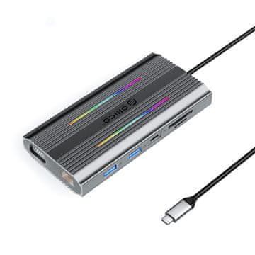 Orico Docking postaja HUB 12v1 USB-C – USB-A, USB-C, HDMI, VGA, RJ45, SD, PD 100 W, 4K, 1000 Mbps, RGB – siva