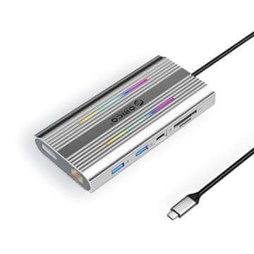 Orico HUB 12 v 1 USB-C – USB-A, USB-C, HDMI, DisplayPort, RJ45, SD/microSD, 4K, PD 100 W, RGB – srebrna