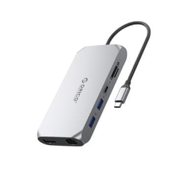 Orico HUB 12-v-1 USB-C – USB-A, USB-C, HDMI, DisplayPort, SD/microSD, RJ45, 3,5 mm CTIA – siva