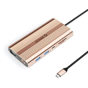 Orico 12-v-1 priključna postaja USB-C – USB-A, USB-C, HDMI, VGA, RJ45, SD, microSD, PD 100 W – roza-zlata