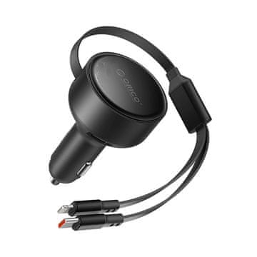 Orico Avtomobilski polnilnik USB-C 60 W z navijalnimi kabli USB-C in iPhone Lightning – črn