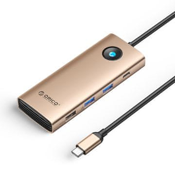 Orico HUB 8 v 1 USB-C – USB-A, USB-C, HDMI, VGA, RJ45, PD 100 W, 4K, 60 Hz, 1000 Mbps – roza-zlata