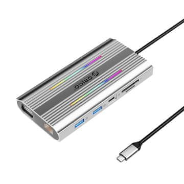 Orico Priključna postaja HUB 12 v 1 USB-C – USB-A, USB-C, HDMI, VGA, RJ45, SD, microSD, PD 100 W, 4K, RGB – siva