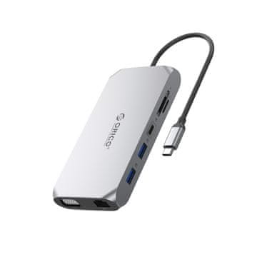 Orico Adapter HUB 12 v 1 USB-C – USB-A, USB-C, HDMI, VGA, SD/microSD, RJ45, mini jack, PD 100 W, 4K – siv