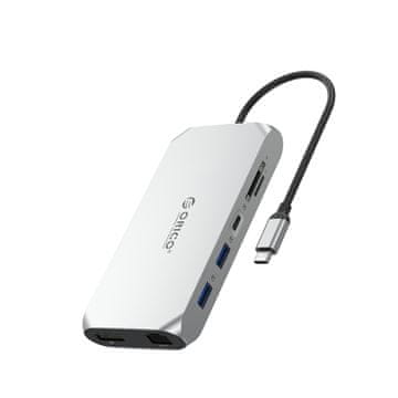 Orico HUB 12-v-1 USB-C – USB-A, USB-C, HDMI, DisplayPort, SD/microSD, RJ45, 3,5 mm CTIA – srebrna