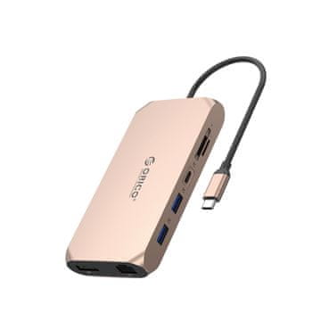 Orico HUB 12-v-1 USB-C – USB-A, USB-C, HDMI, DisplayPort, SD/microSD, RJ45, 3,5 mm CTIA – rožnato-zlata