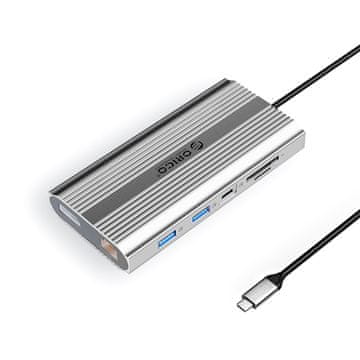 Orico HUB 12-v-1 USB-C – USB-A, USB-C, HDMI, DisplayPort, RJ45, SD, PD 100 W, 4K, 1000 Mbps – srebrna