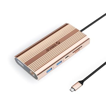 Orico HUB 12-v-1 USB-C – USB-A, USB-C, HDMI, DisplayPort, RJ45, SD, PD 100 W, 4K, 1000 Mbps – roza-zlata