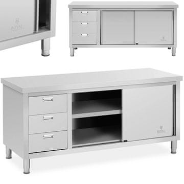 Royal Catering Miza s centralno delovno ploščo, omarico z drsnimi vrati in 3 predali, 180 x 70 x 85 cm