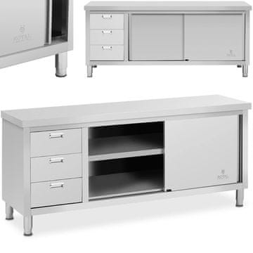 Royal Catering Miza s centralno delovno ploščo, omarico z drsnimi vrati in 3 predali, 200 x 60 x 85 cm