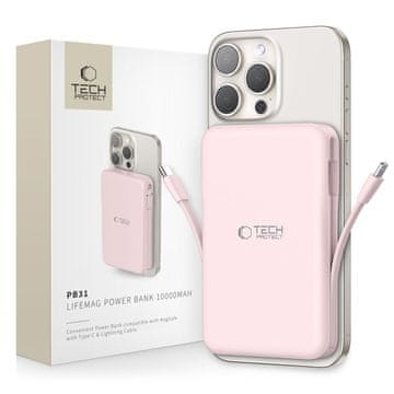 Tech-protect Powerbank 10.000 mAh USB-A, USB-C s kabli USB-C, iPhone Lightning in MagSafe – roza