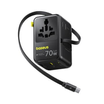 BASEUS Potovalni adapter 6 v 1 z navijalnim kablom USB-C 70 W – črn