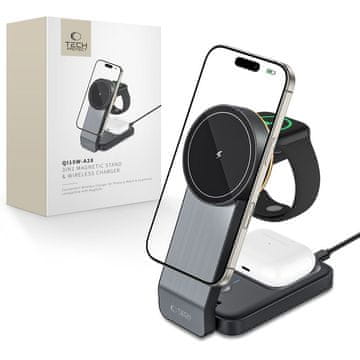 Tech-protect Indukcijski polnilnik 3 v 1 s stojalom za pametni telefon, Apple Watch in AirPods MagSafe – črn