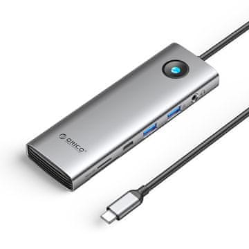 Orico HUB 9 v 1 USB-C – USB-A, USB-C, HDMI, SD, RJ45, avdio, PD 100 W, 4K, 2,5 G – siva