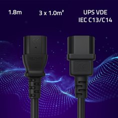 Podaljševalni kabel Qoltec IEC C13/C14 | 3x1,0 mm² | 1,8 m