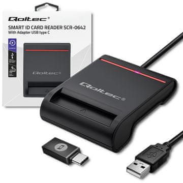 Čitalnik pametnih identifikacijskih kartic Qoltec SCR-0642 | USB 2.0 + USB-C adapter