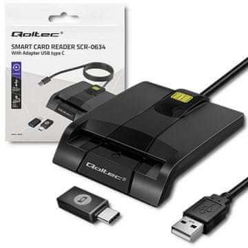 Čitalnik pametnih osebnih izkaznic Qoltec SCR-0634 | USB 2.0 + USB-C adapter