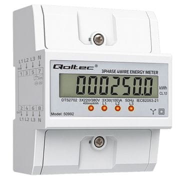 Qoltec Trifazni elektronski števec | Števec porabe energije za DIN letev | 400 V | 100 A | LCD | 4P