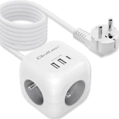 Qoltec 6-v-1 podaljševalni napajalnik v kocki z osvetljenim stikalom | 3x AC | 2x USB | 1x USB-C PD 20W | Bela | 2 m kabel