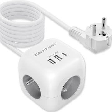 Qoltec 6-v-1 podaljševalni napajalnik v kocki z osvetljenim stikalom | 3x AC | 2x USB | 1x USB-C PD 20W | Bela | 2 m kabel