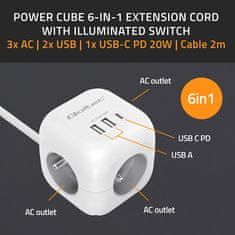 Qoltec 6-v-1 podaljševalni napajalnik v kocki z osvetljenim stikalom | 3x AC | 2x USB | 1x USB-C PD 20W | Bela | 2 m kabel