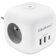 Qoltec 6-v-1 podaljševalni napajalnik v kocki z osvetljenim stikalom | 3x AC | 2x USB | 1x USB-C PD 20W | Bela