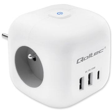 Qoltec 6-v-1 podaljševalni napajalnik v kocki z osvetljenim stikalom | 3x AC | 2x USB | 1x USB-C PD 20W | Bela