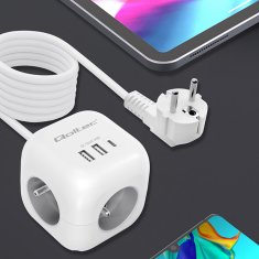 Qoltec 6-v-1 podaljševalni napajalnik v kocki z osvetljenim stikalom | 3x AC | 2x USB | 1x USB-C PD 20W | Bela | 2 m kabel