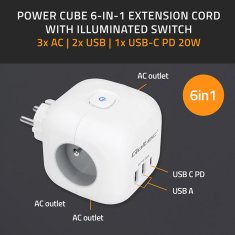 Qoltec 6-v-1 podaljševalni napajalnik v kocki z osvetljenim stikalom | 3x AC | 2x USB | 1x USB-C PD 20W | Bela