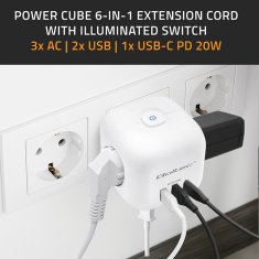 Qoltec 6-v-1 podaljševalni napajalnik v kocki z osvetljenim stikalom | 3x AC | 2x USB | 1x USB-C PD 20W | Bela