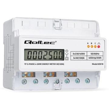 Qoltec Trifazni elektronski števec | Števec porabe energije za DIN letev | 400V | 100A | LCD | LED | 7P