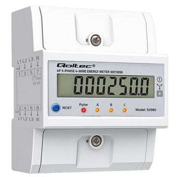 Qoltec Trifazni elektronski števec s ponastavitvijo | Števec energije za DIN letev | 400V | 100A | LCD | LED | 4P