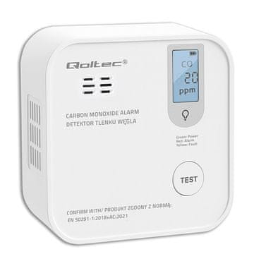 Brezžični senzor ogljikovega monoksida s certifikatom Qoltec z baterijo | Detektor CO | 10-letna življenjska doba senzorja | Alarm 85 dB | LED