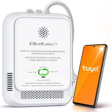 Qoltec certificiran 2-v-1 senzor puščanja zemeljskega plina in ogljikovega monoksida | Detektor CH4 | CO | ZP | Tuya | Wi-Fi | Alarm 85 dB | LED