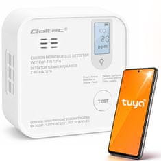 Brezžični senzor ogljikovega monoksida s certifikatom Qoltec z baterijo | Detektor CO | TUYA | Wi-Fi | 10-letna življenjska doba senzorja | Alarm 85 dB | LED