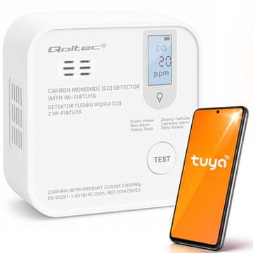 Brezžični senzor ogljikovega monoksida s certifikatom Qoltec z baterijo | Detektor CO | TUYA | Wi-Fi | 10-letna življenjska doba senzorja | Alarm 85 dB | LED