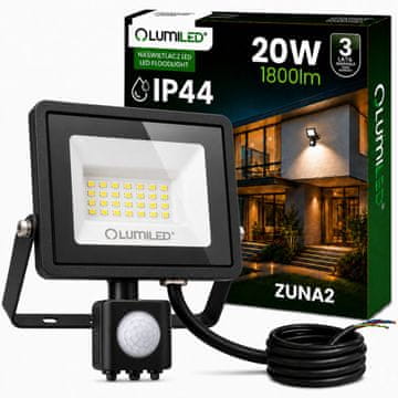 LUMILED ZUNA2 LED reflektor 20W 1800lm 6500K IP44 črne barve senzor gibanja