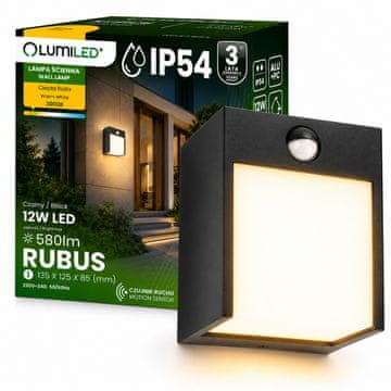 LUMILED LED vrtna stenska svetilka, zunanja fasadna svetilka, PIR senzor gibanja, IP54, 12 W, 3000 K, RUBUS