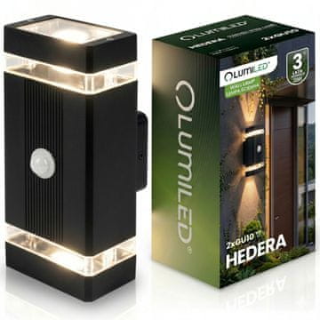LUMILED Vrtna svetilka, stenska svetilka, fasadna, zgornja in spodnja, 2x GU10, črna, senzor gibanja in mraka, IP54, HEDERA