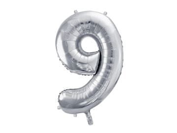 PartyDeco Folija balon številka "9", srebrn, 86 cm