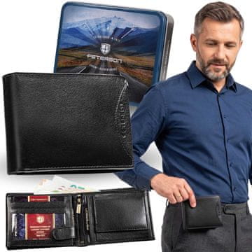Peterson Peterson RAZŠIRJENA, črna usnjena moška denarnica, VARNA RFID, v kovinski škatli za DARILO