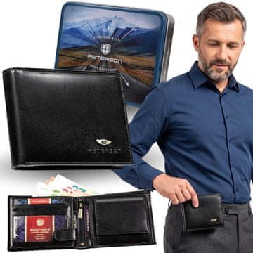 Peterson Peterson RAZŠIRJENA, črna usnjena moška denarnica RFID, v kovinski škatli za DARILO