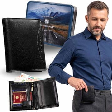 Peterson Peterson RAZŠIRJENA, črna usnjena moška denarnica, VARNA RFID, v kovinski škatli za DARILO