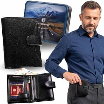 Peterson Peterson Črna usnjena moška denarnica, varna RFID, NARAVNO USNJE, v kovinski škatli za DARILO