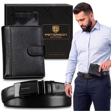 Peterson Peterson DARILNI SET Usnjena Denarnica RFID + moški pas z zaponko z geometrijskim vzorcem, eleganten